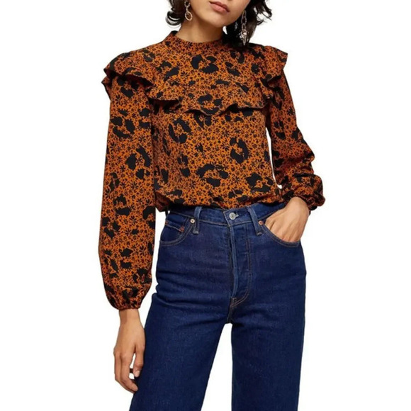 NWT Topshop Rust Brown Black Ruffle Long Sleeve Blouse Top Fall Career Office - Picture 1 of 12